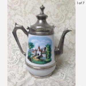 Antique, Enamelware-Pewter, Manning and Bowman Teapot 11.5in H x 10in W x 6in